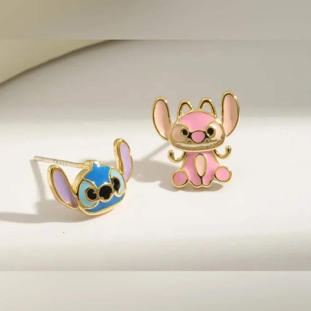 14K Gold Disney Stitch & Angel & Crump Stud Mismatched Asymmetrical Earrings Set